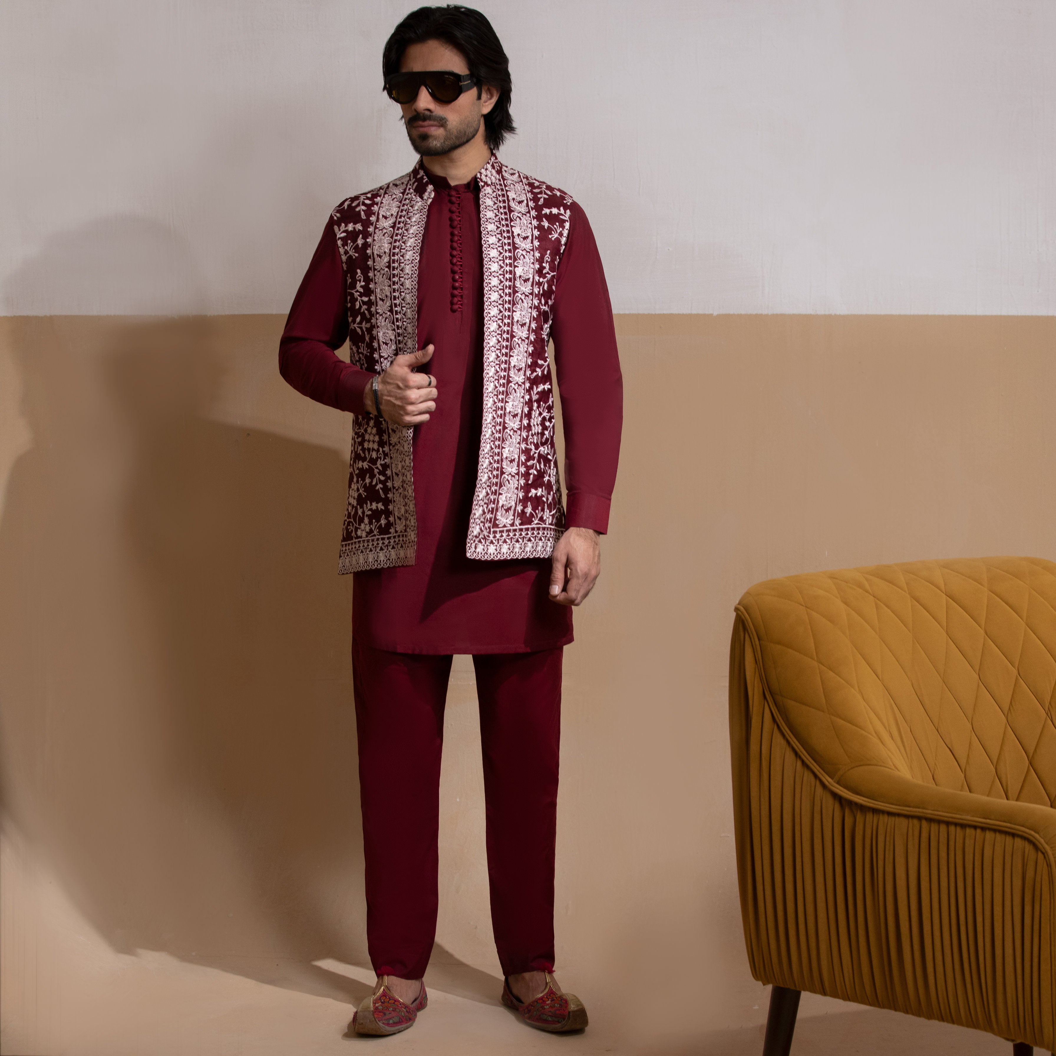 Arsalan Iqbal Sooch'2026 Fidaa Dark Maroon Front Open Waistcoat with IronEZ Kurta & Pyjama Set Full Length View for Men