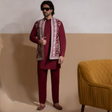 Arsalan Iqbal Sooch'2026 Fidaa Dark Maroon Front Open Waistcoat with IronEZ Kurta & Pyjama Set Full Length View for Men