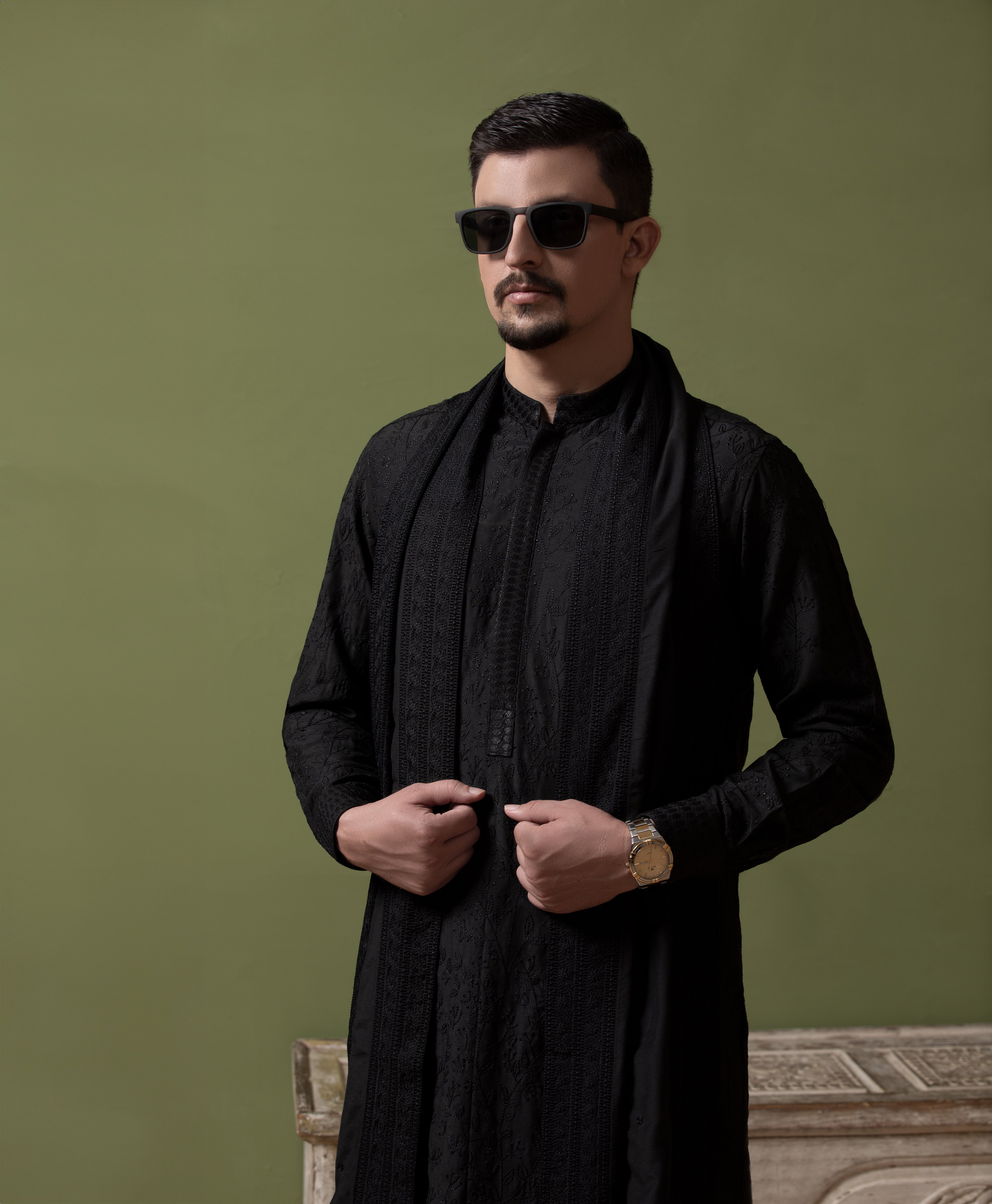 Arsalan Iqbal Sooch'2026 Jet Black Chikankari Kurta Pyjama Set with Patka Three-Quarter Profile View for Men
