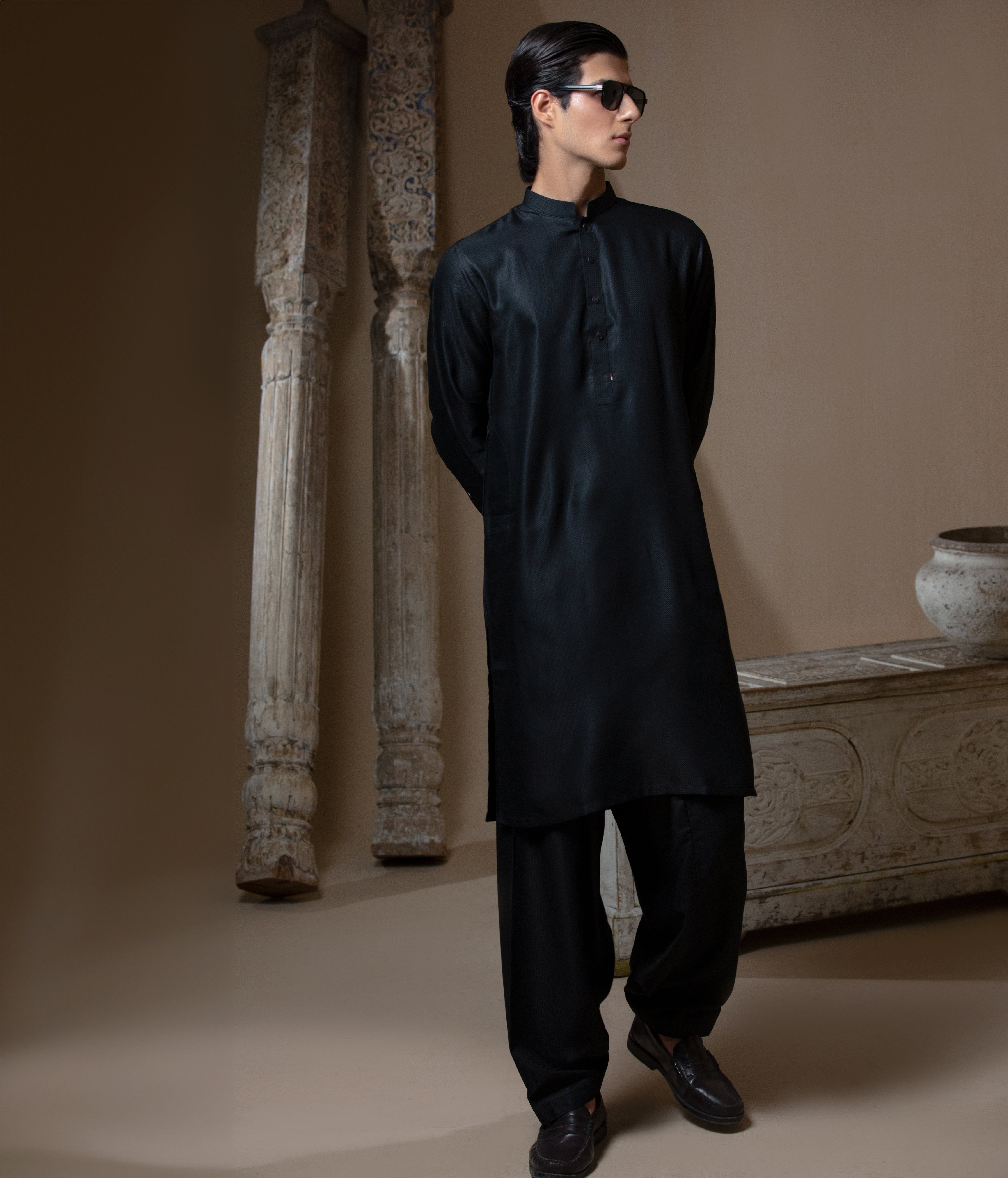 Arsalan Iqbal Sooch'2026 Jet Black IronEZ Textured Kurta and Pyjama Set Full Length View for Men