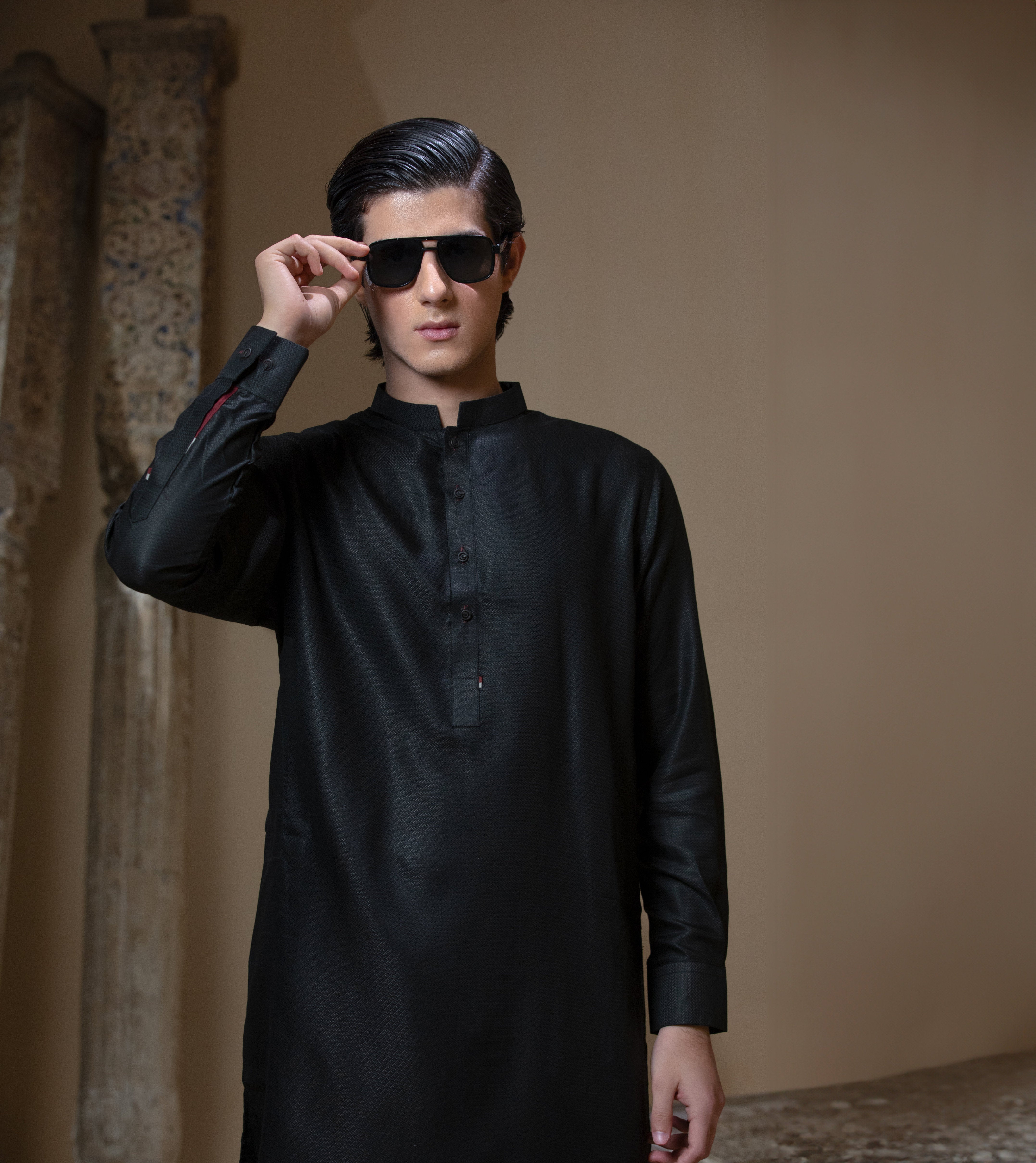 Arsalan Iqbal Sooch'2026 Jet Black IronEZ Textured Kurta and Pyjama Set Upper Body View for Men