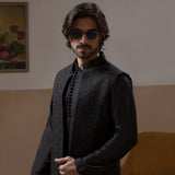 Arsalan Iqbal Sooch'2026 Jet Black Matte Front Open Waistcoat with IronEZ Kurta & Pyjama Set Close-Up View for Men