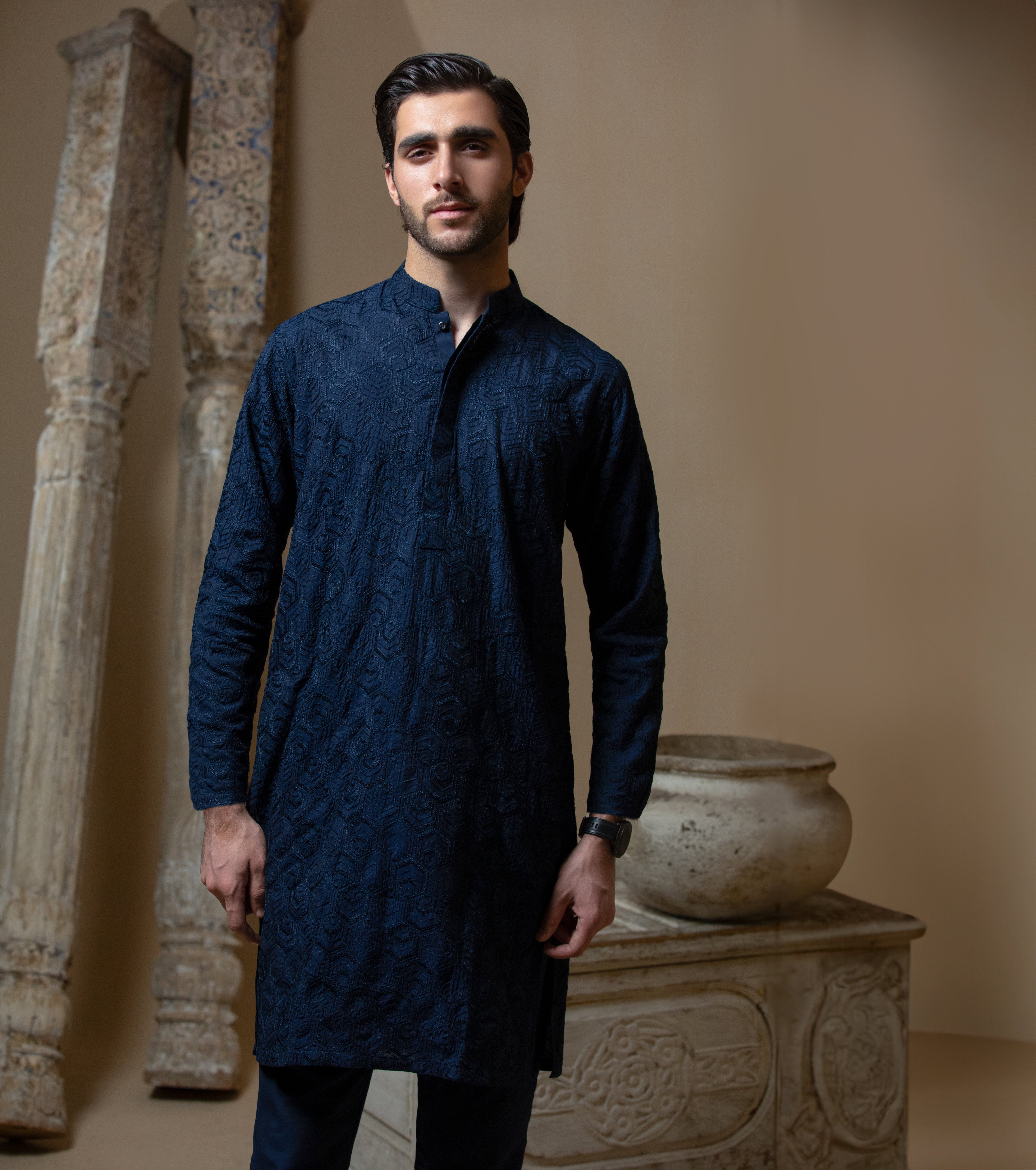 Arsalan Iqbal Sooch'2026 Midnight Blue Chikankari Cotton Silk Kurta & Pyjama Set Thigh-Length View for Men