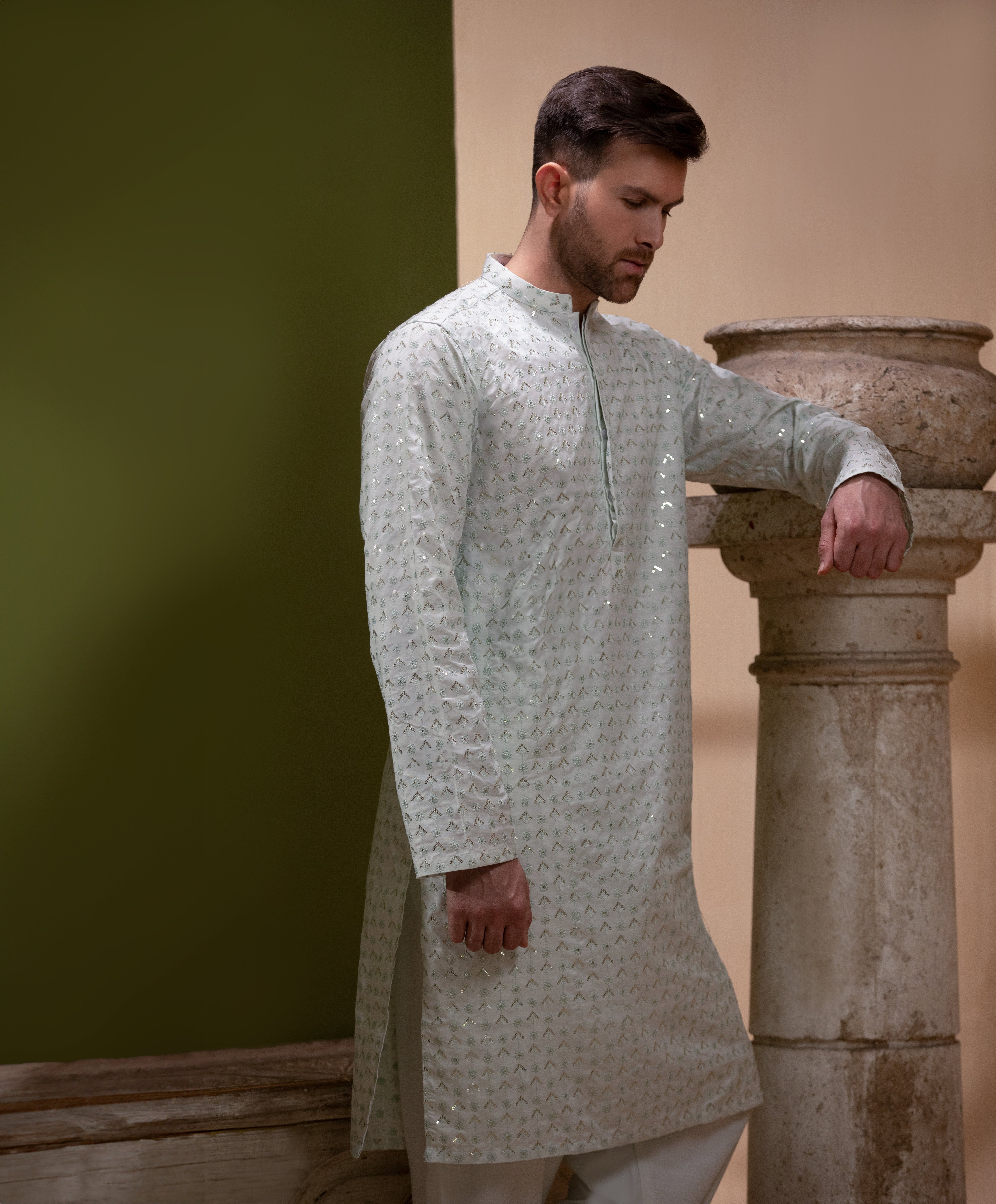 Arsalan Iqbal Sooch'2026 Off-White and Mint Green Sequined Chikankari Kurta Pyjama Thigh-Length View for Men