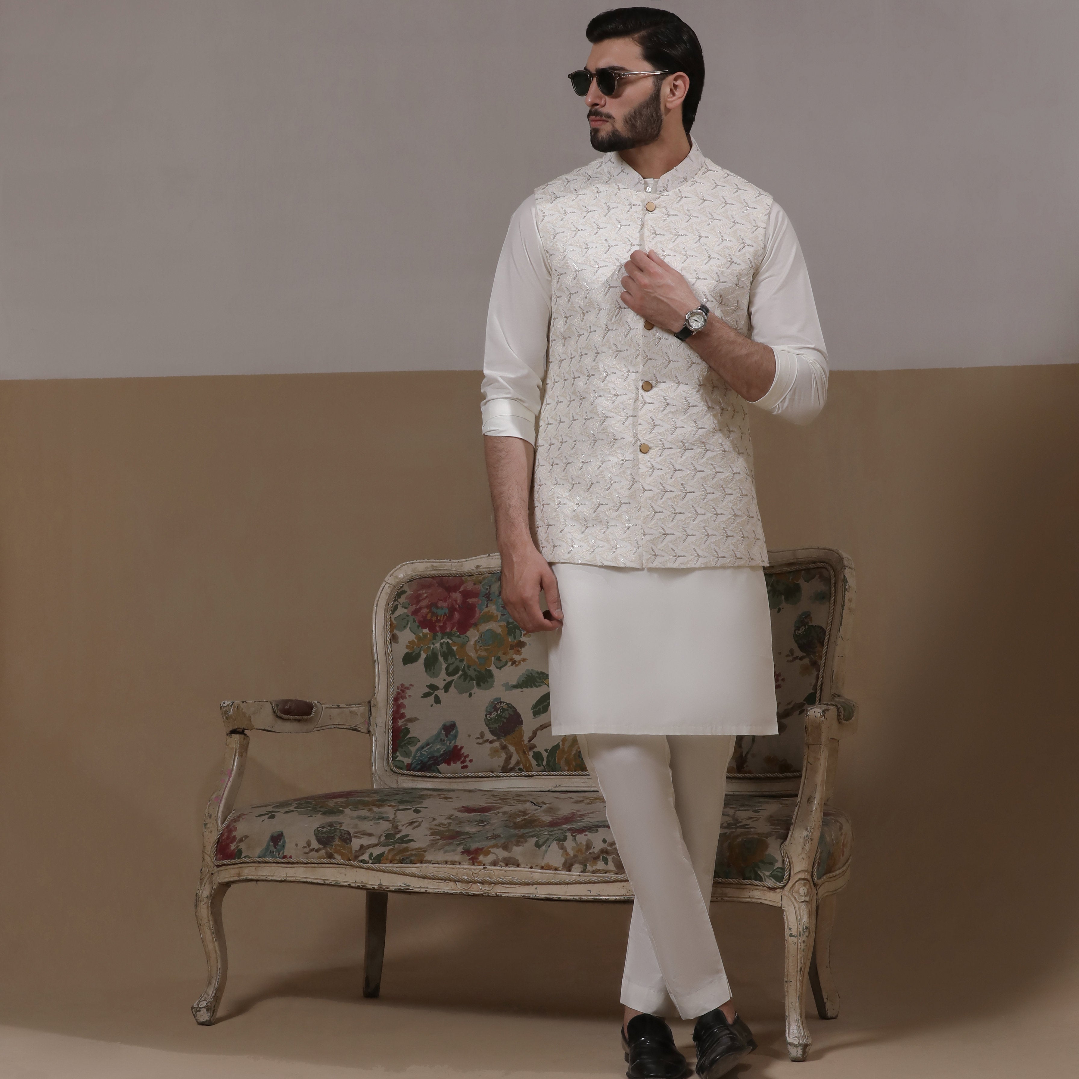 Arsalan Iqbal Sooch'2026 Off-White & Silver Embroidered Waistcoat with Kurta & Pyjama Set Full Length View for Men