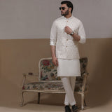 Arsalan Iqbal Sooch'2026 Off-White & Silver Embroidered Waistcoat with Kurta & Pyjama Set Full Length View for Men