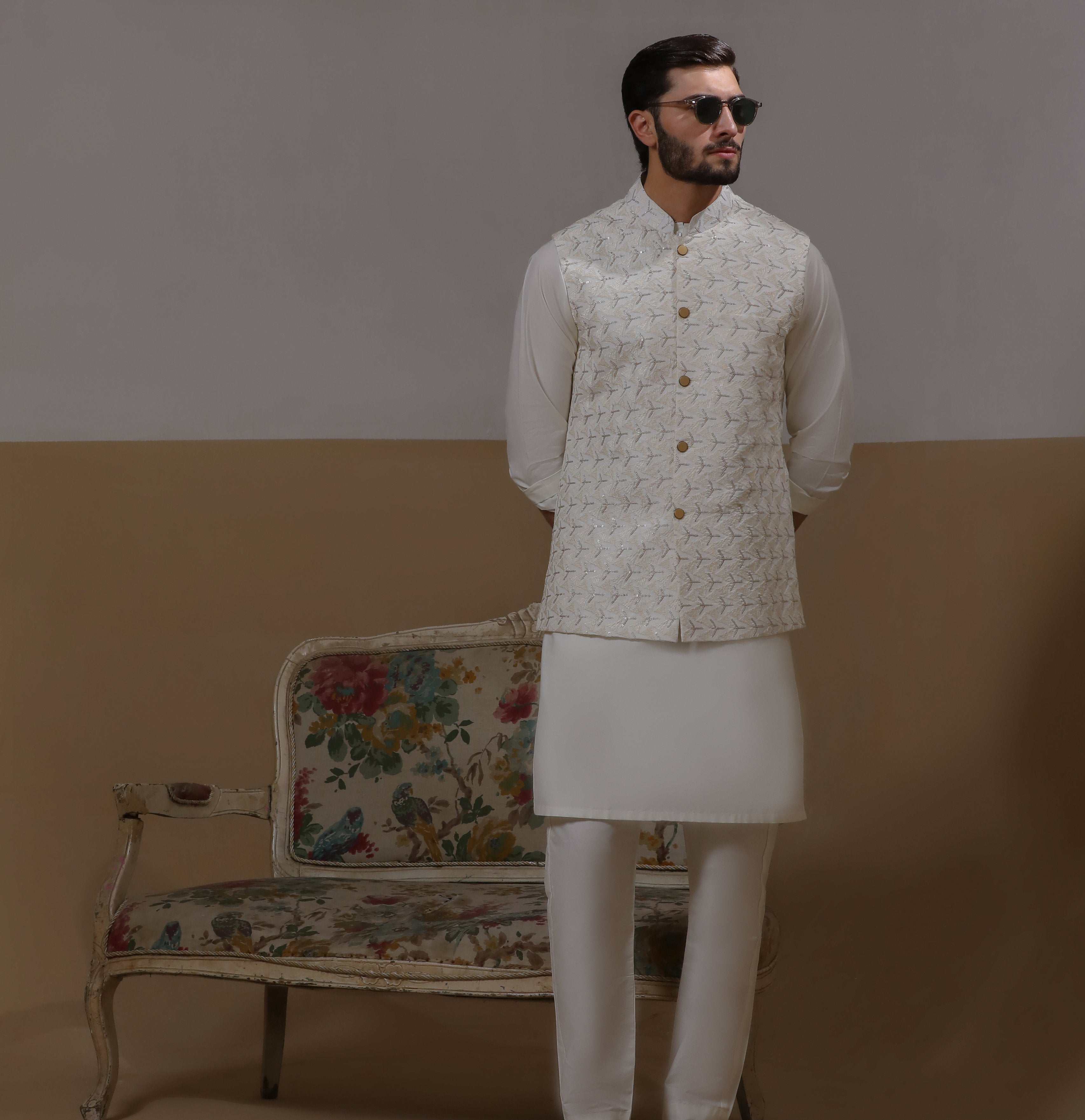 Arsalan Iqbal Sooch'2026 Off-White & Silver Embroidered Waistcoat with Kurta & Pyjama Set Three-Quarter View for Men