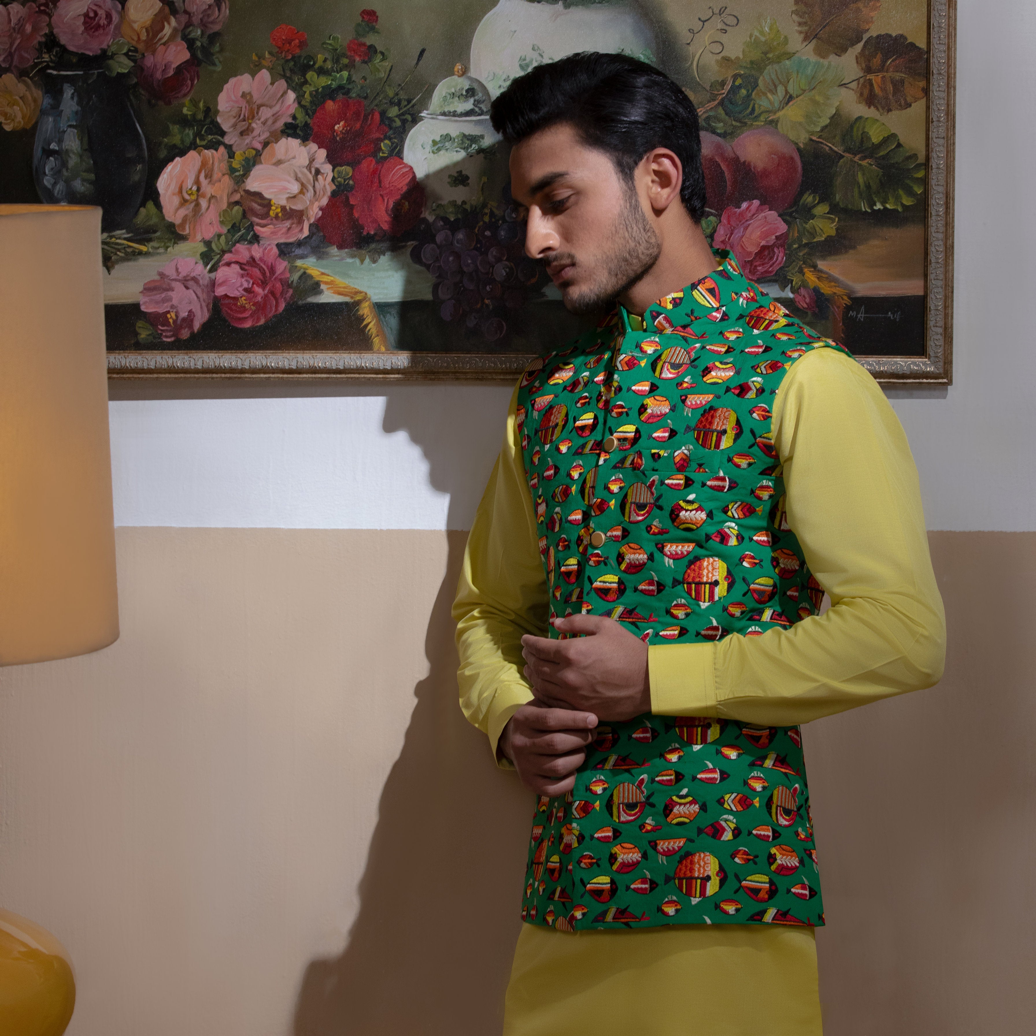 Arsalan Iqbal Sooch'2026 Reza Emerald Green Printed Waistcoat with Antique Gold Kurta & Pyjama Set Side Profile View for Men