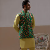 Arsalan Iqbal Sooch'2026 Reza Emerald Green Printed Waistcoat with Antique Gold Kurta & Pyjama Set Thigh-Length View for Men