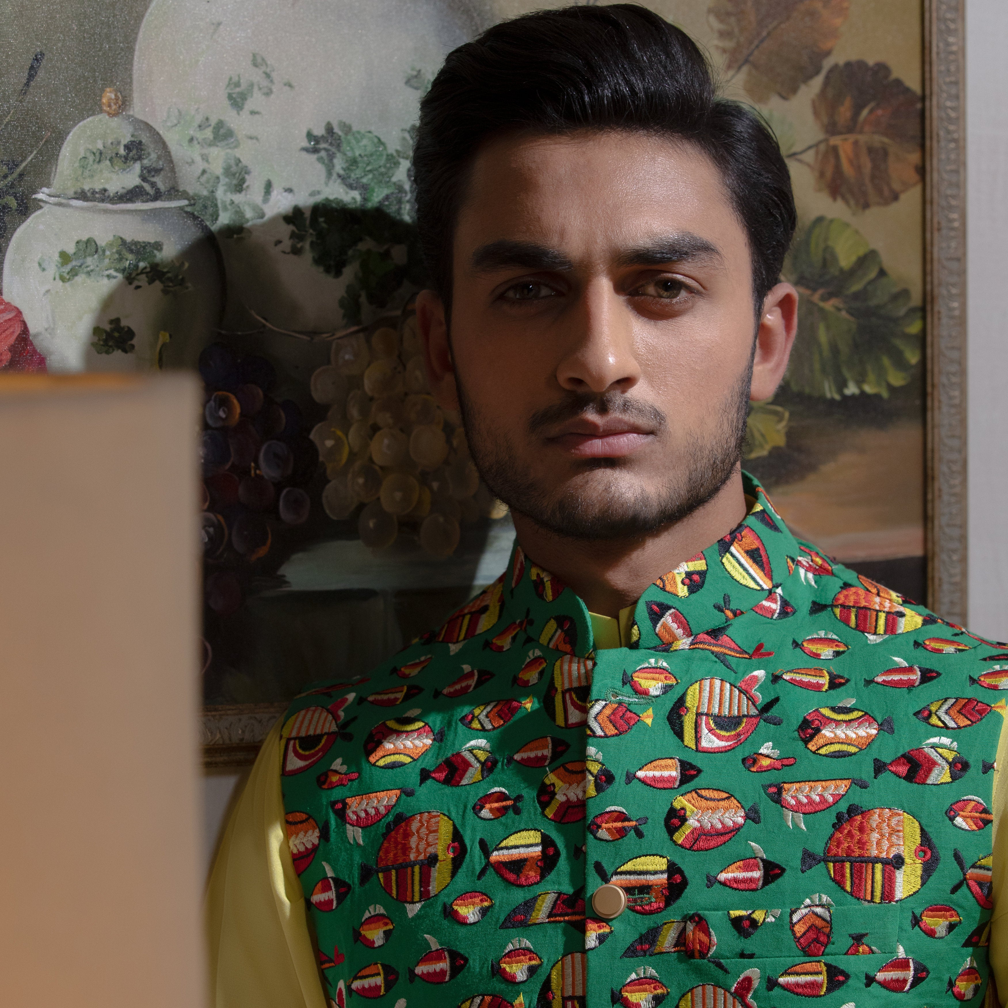 Arsalan Iqbal Sooch'2026 Reza Emerald Green Printed Waistcoat with Antique Gold Kurta & Pyjama Set Close-Up View for Men