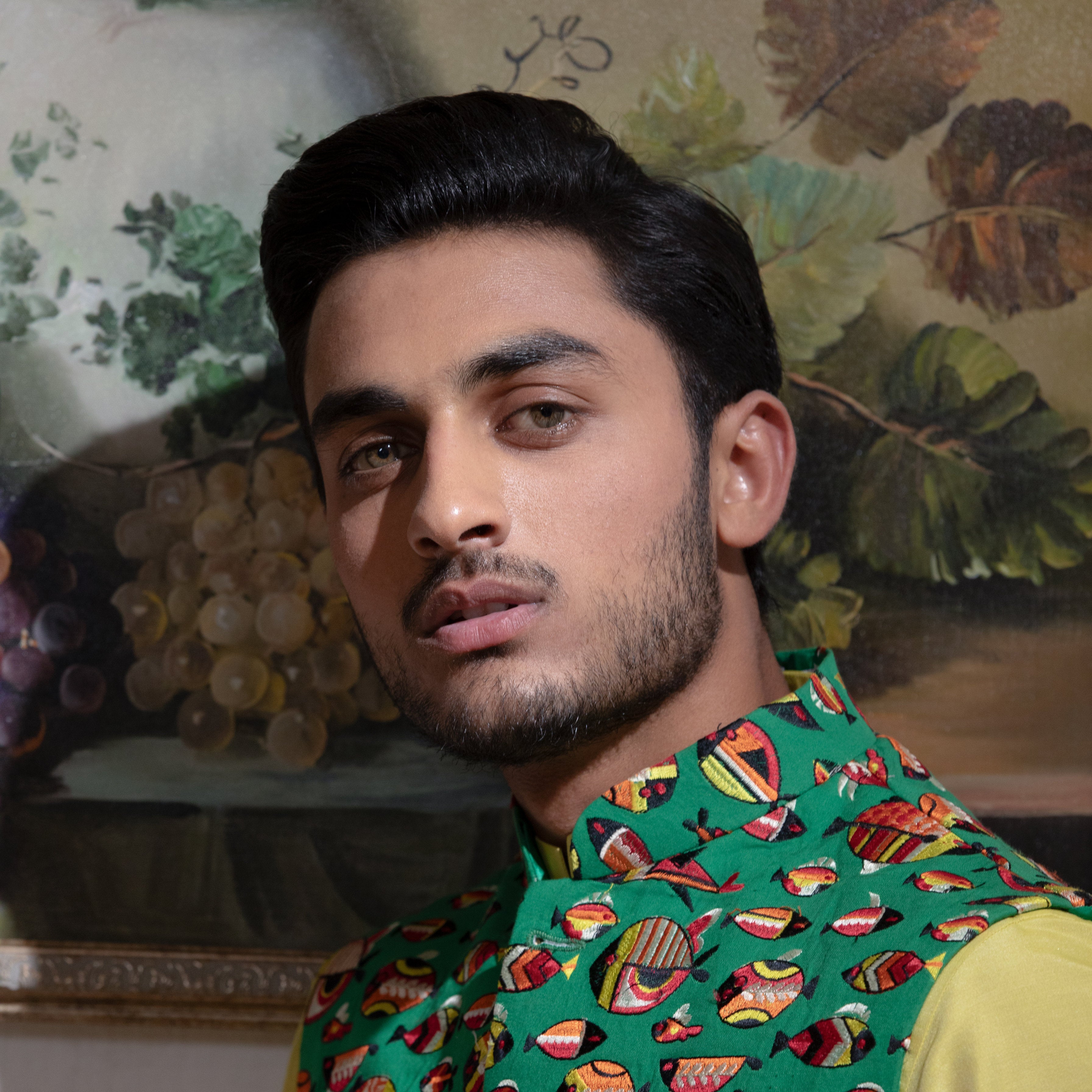 Arsalan Iqbal Sooch'2026 Reza Emerald Green Printed Waistcoat with Antique Gold Kurta & Pyjama Set Close-Up Headshot View for Men