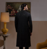 Arsalan Iqbal Sooch'2026 Rumi Jet Black Handcrafted Zardozi Sherwani with Gold Accents Knee-Length Back View for Men