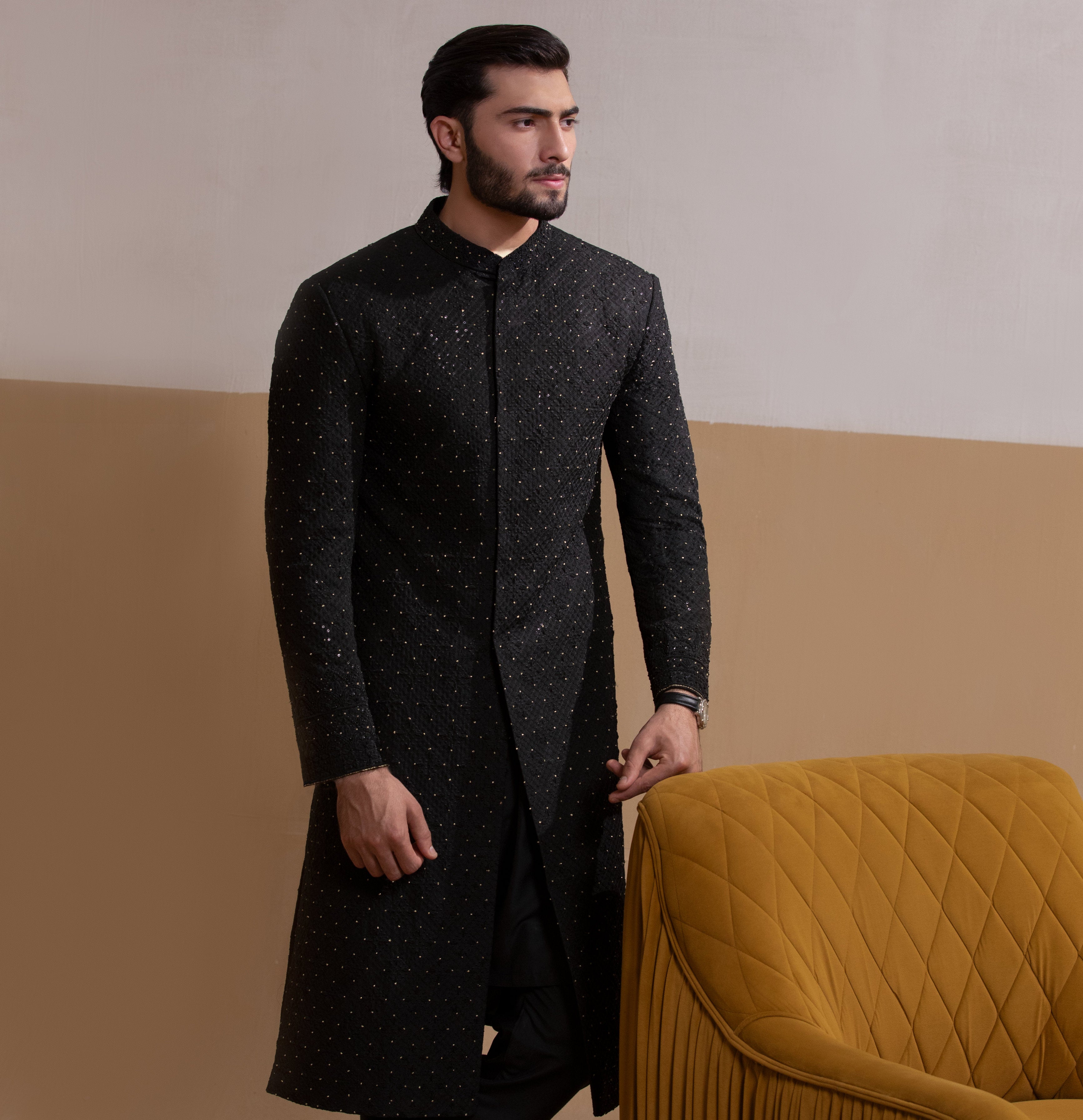 Arsalan Iqbal Sooch'2026 Rumi Jet Black Handcrafted Zardozi Sherwani with Gold Accents Thigh-Length View for Men