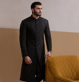 Arsalan Iqbal Sooch'2026 Rumi Jet Black Handcrafted Zardozi Sherwani with Gold Accents Thigh-Length View for Men