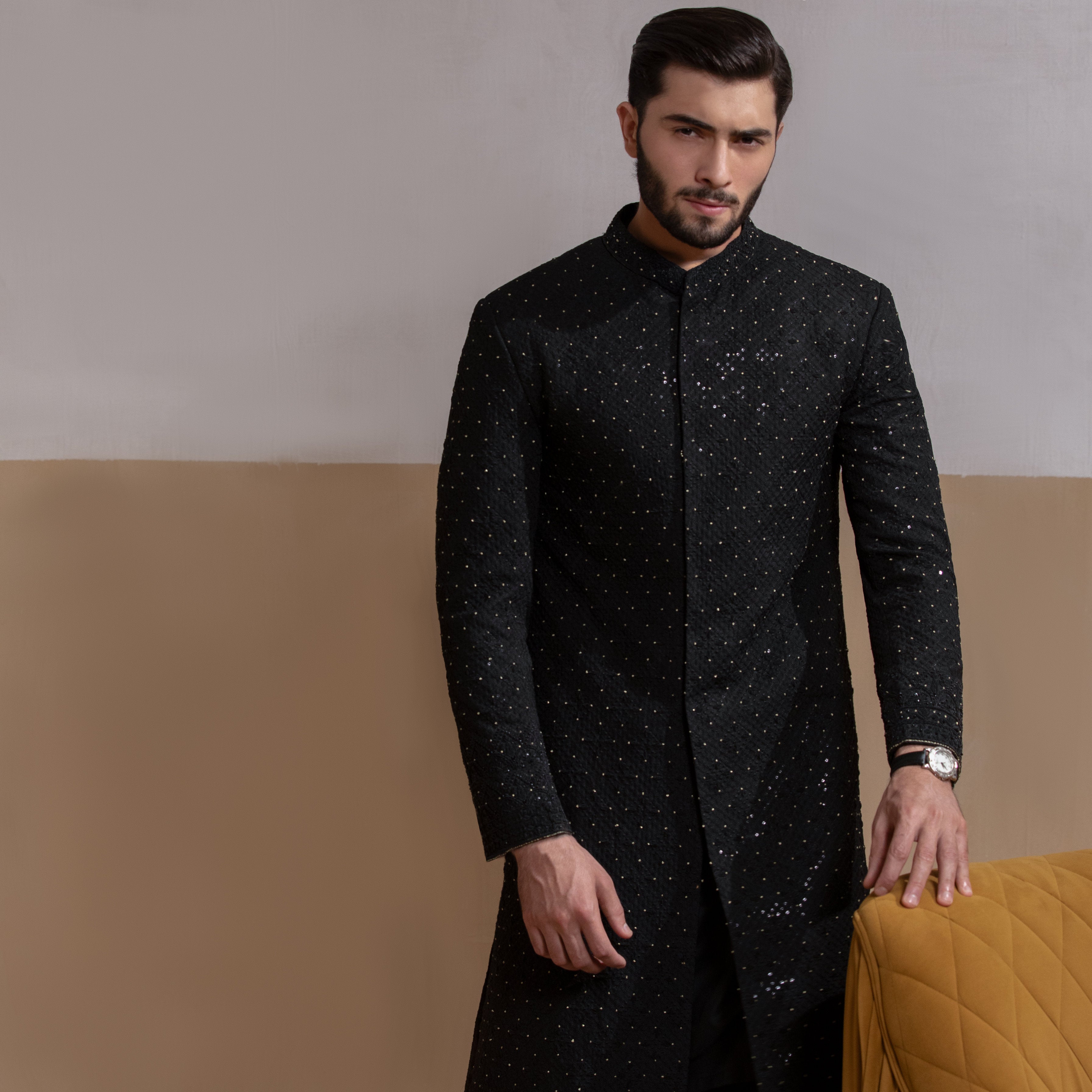 Arsalan Iqbal Sooch'2026 Rumi Jet Black Handcrafted Zardozi Sherwani with Gold Accents Upper Body View for Men