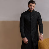 Arsalan Iqbal Sooch'2026 Rumi Jet Black Handcrafted Zardozi Sherwani with Gold Accents Upper Body View for Men