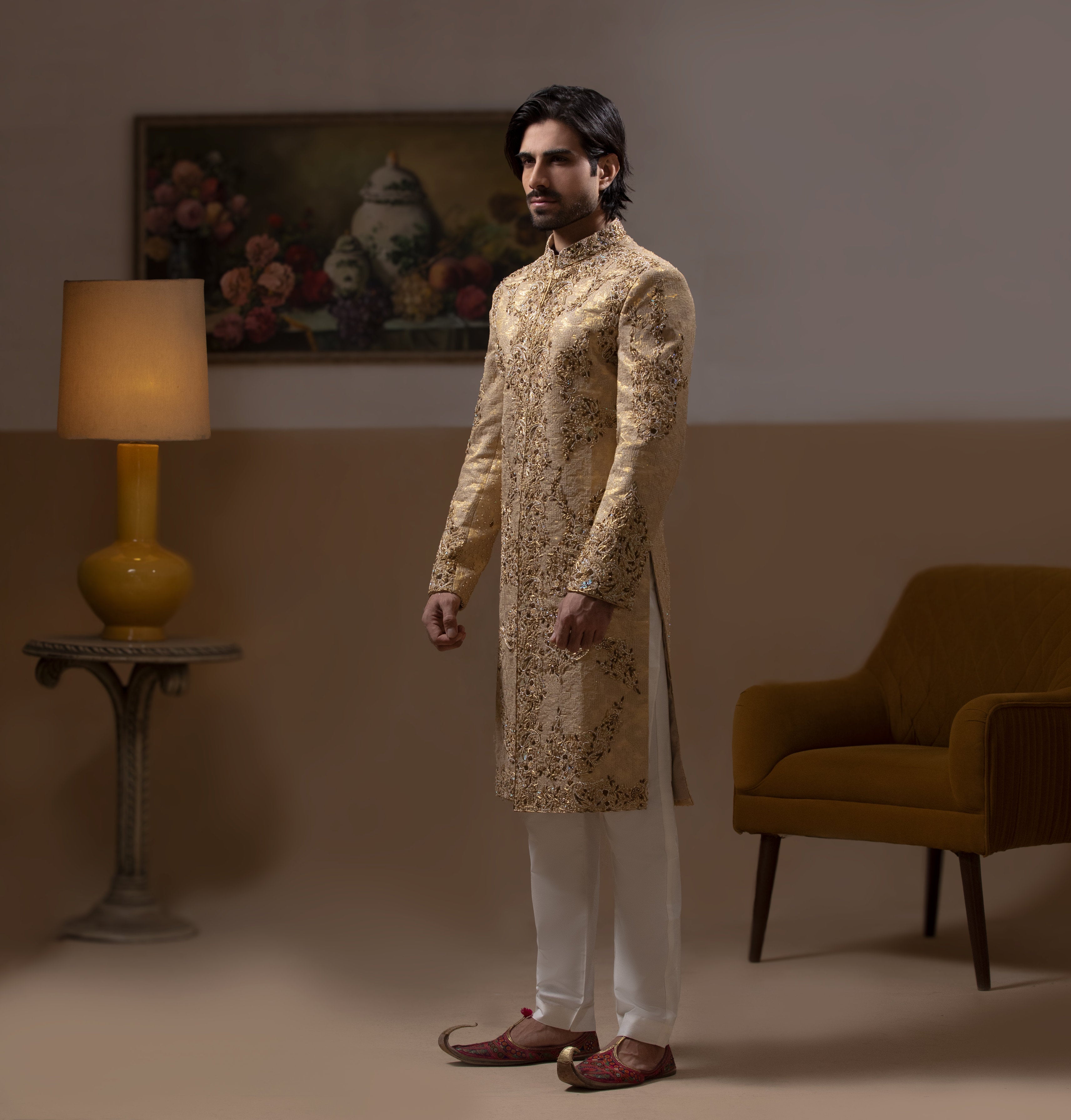 Arsalan Iqbal Sooch'2026 Zeba Shades of Gold Handcrafted Zardozi Sherwani Full Length Side Profile View for Men