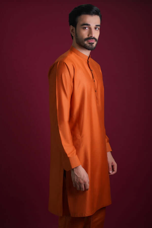 Arsalan Iqbal Waistcoat Collection Jamawar Burnt Orange Kurta Side Profile View for Men