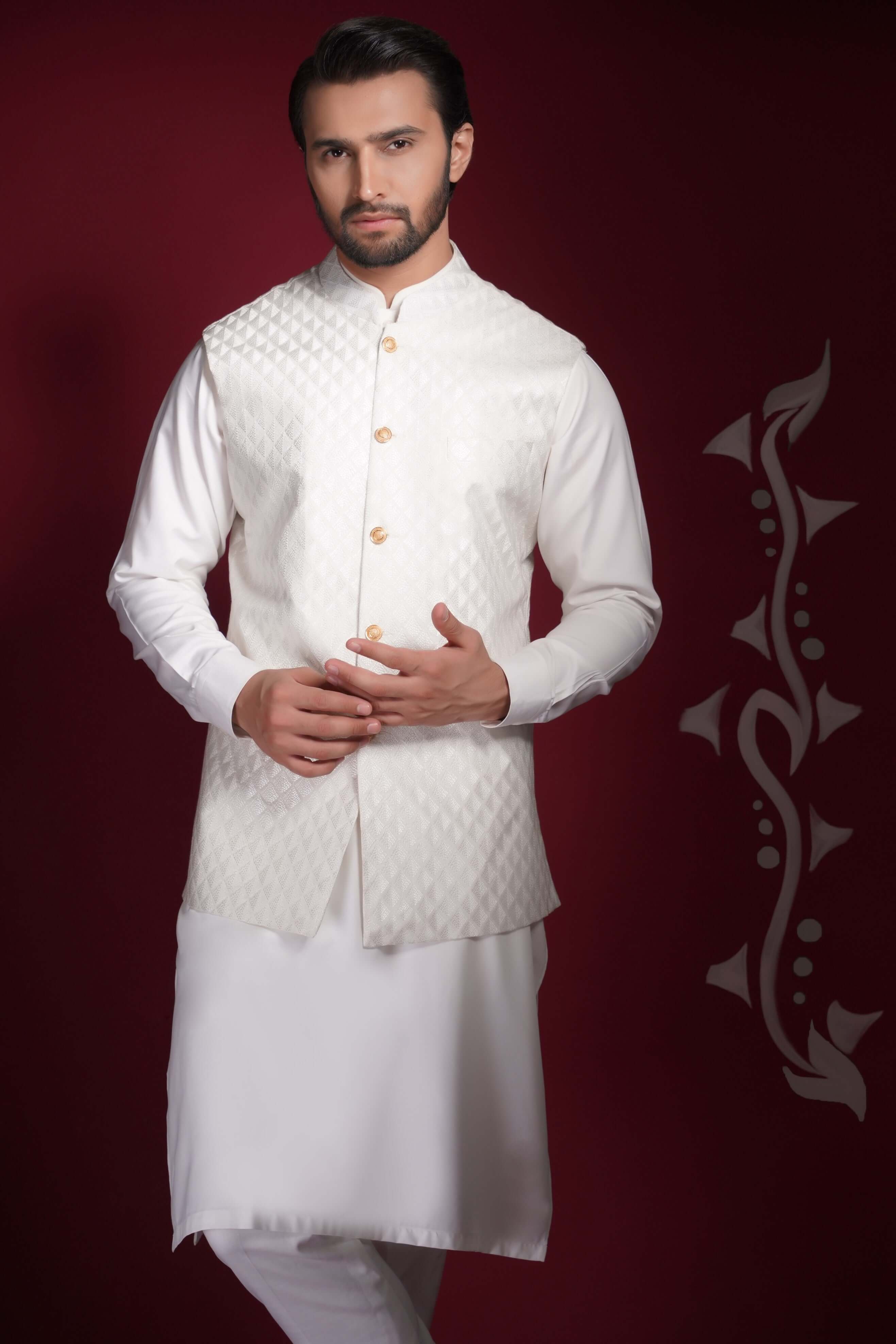 Arsalan Iqbal White Iron EZ Viscose Polyblend Waistcoat Set Upper Body Close-Up View for Men