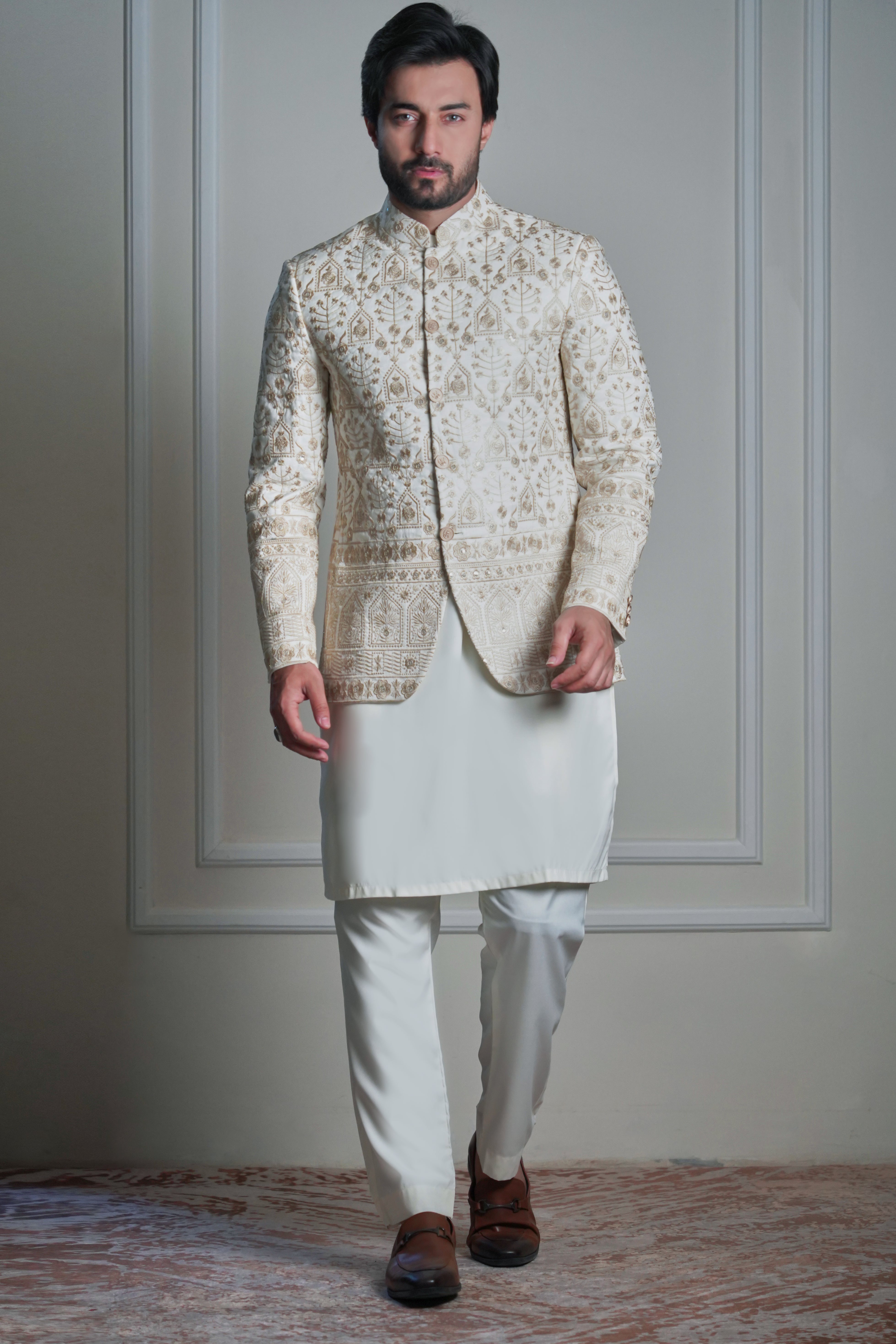 Aurora ivory and gold resham embroidered prince jacket on rawsilk with intricate earthy-tone borders