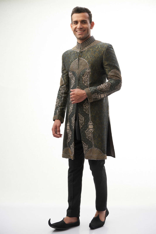 Black & Grey Engineered Brocade Sherwani – Sophisticated brocade fabric with a modern engineered design for a regal look.