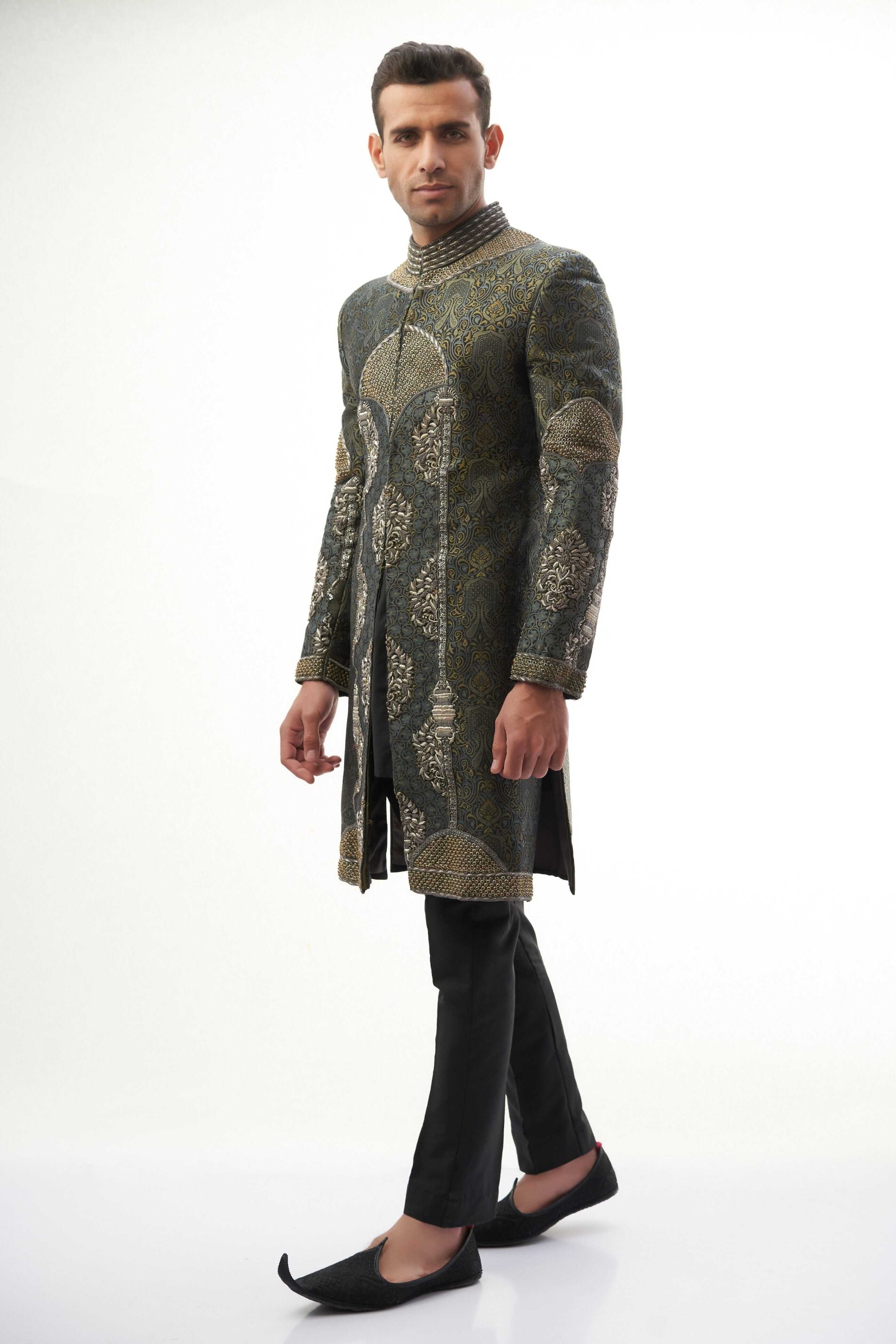 Black & Grey Engineered Brocade Sherwani – Sophisticated brocade fabric with a modern engineered design for a regal look.