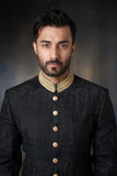 Black Thread Embroidered Silk Sherwani with Zardozi Adornments, Royal Wedding Attire.