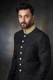 Black Thread Embroidered Silk Sherwani with Zardozi Adornments, Royal Wedding Attire.