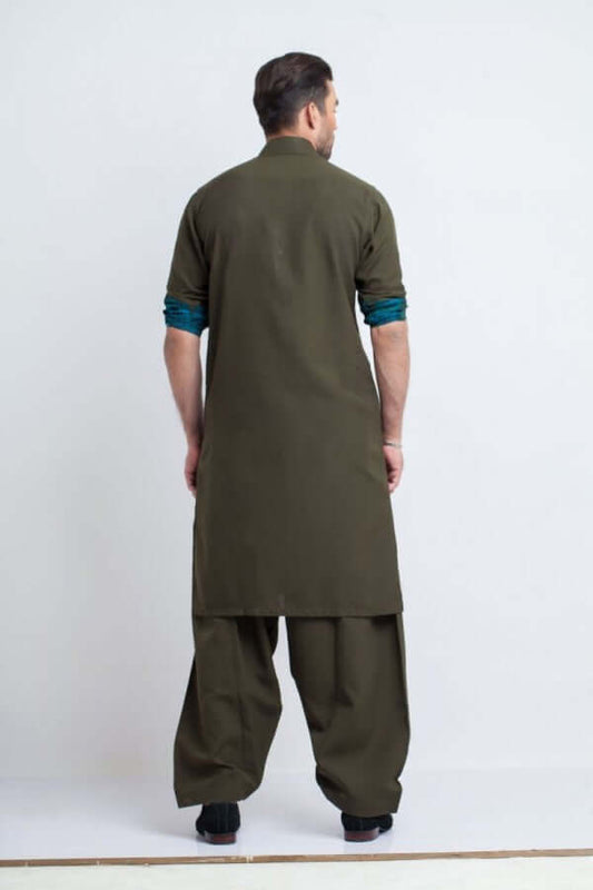 Dark Green Mixed Cotton Shalwar Kameez – Classic and Comfortable Traditional Wear