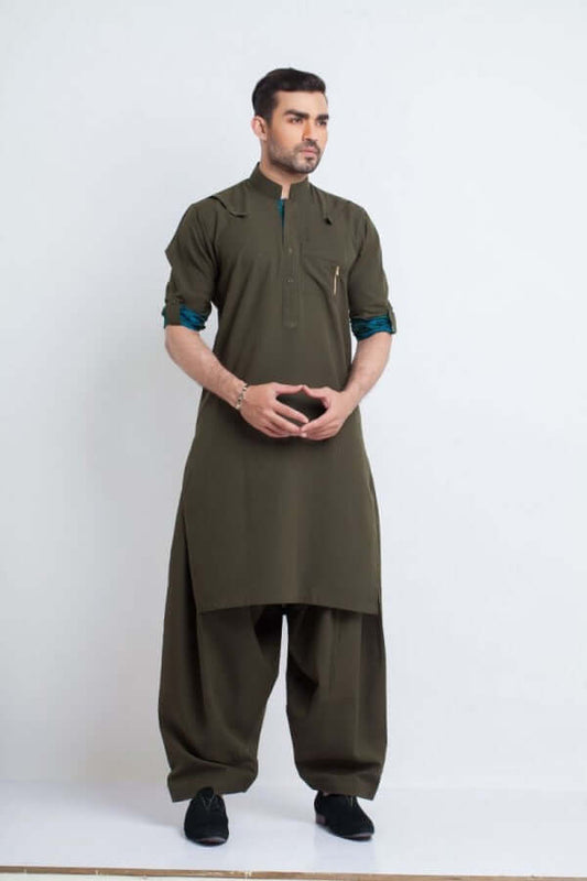 Dark Green Mixed Cotton Shalwar Kameez – Classic and Comfortable Traditional Wear