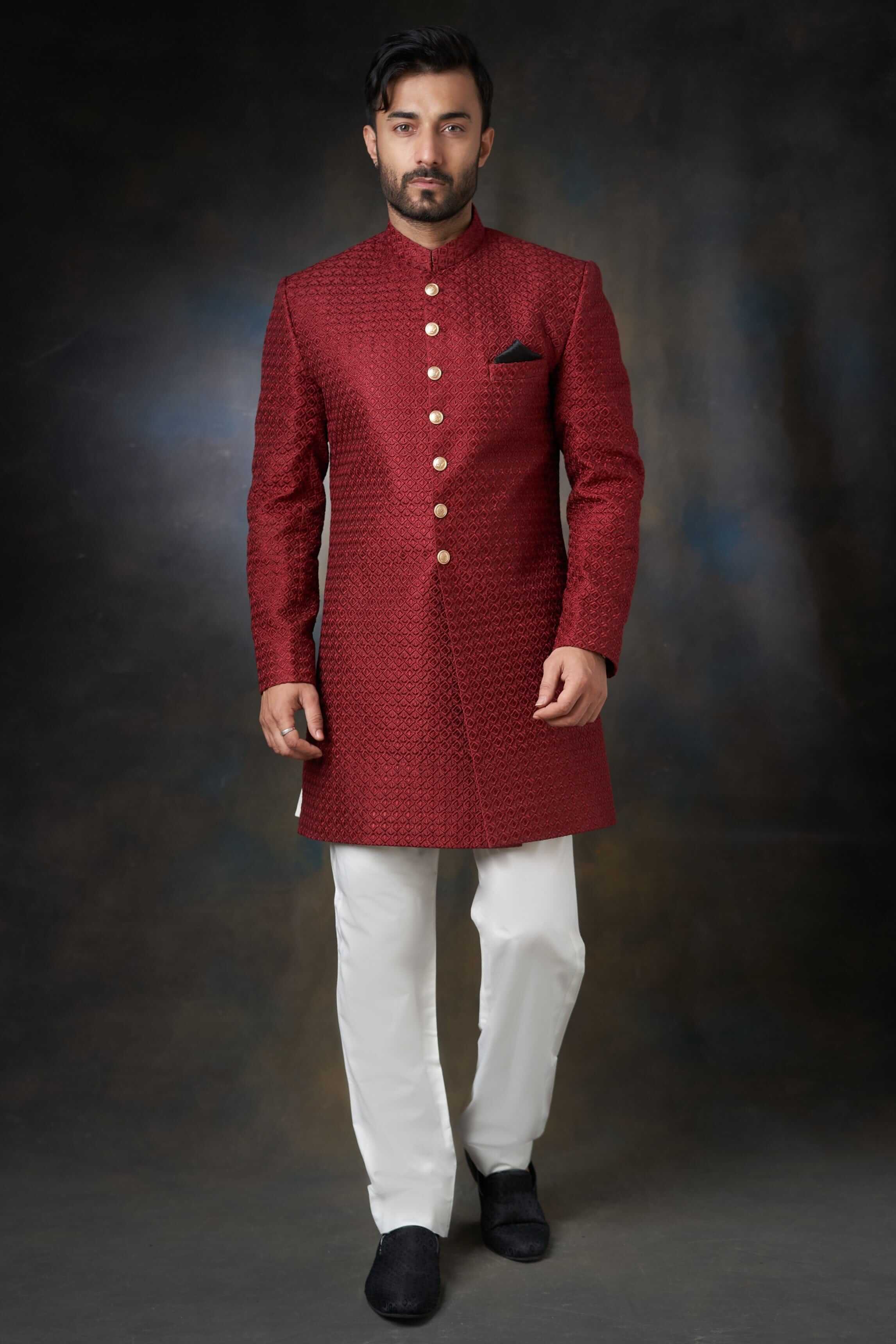 Deep Maroon Short Length Embroidered Sherwani, Luxury Wedding Wear.