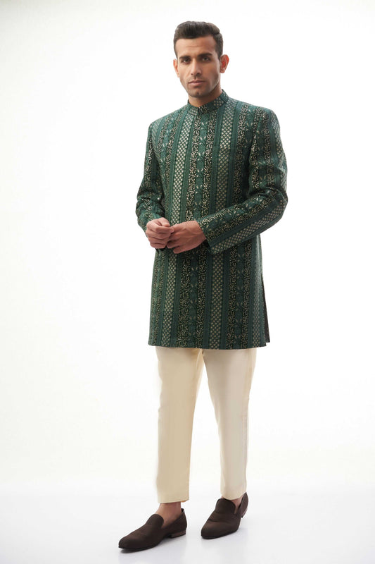 Emerald Green & Gold Short-Length Sherwani with Sequins – Elegant short-length sherwani featuring emerald green and gold colors with intricate sequin detailing.
