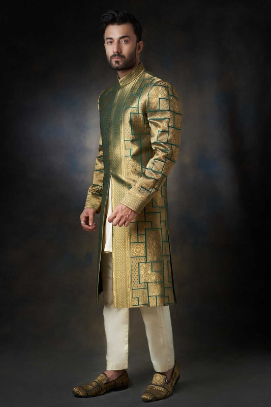Emerald Green Sherwani with Velvet Shawl - Silk and Zari Handcrafted, Elegant Wedding Attire.
