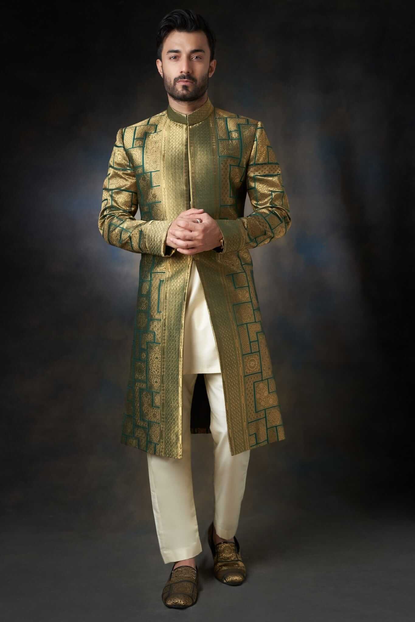 Emerald Green Sherwani with Velvet Shawl - Silk and Zari Handcrafted, Elegant Wedding Attire.