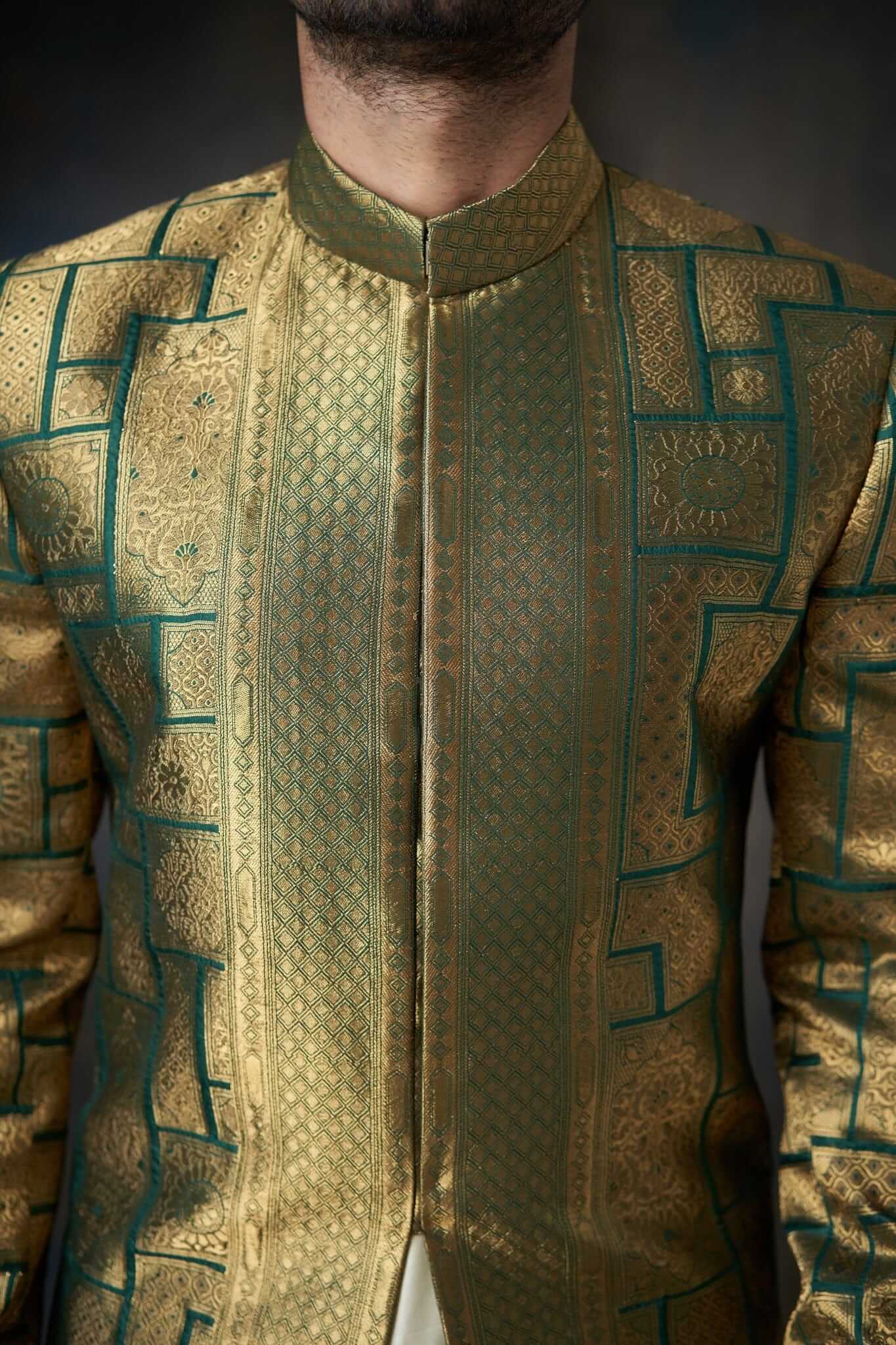 Emerald Green Sherwani with Velvet Shawl - Silk and Zari Handcrafted, Elegant Wedding Attire.