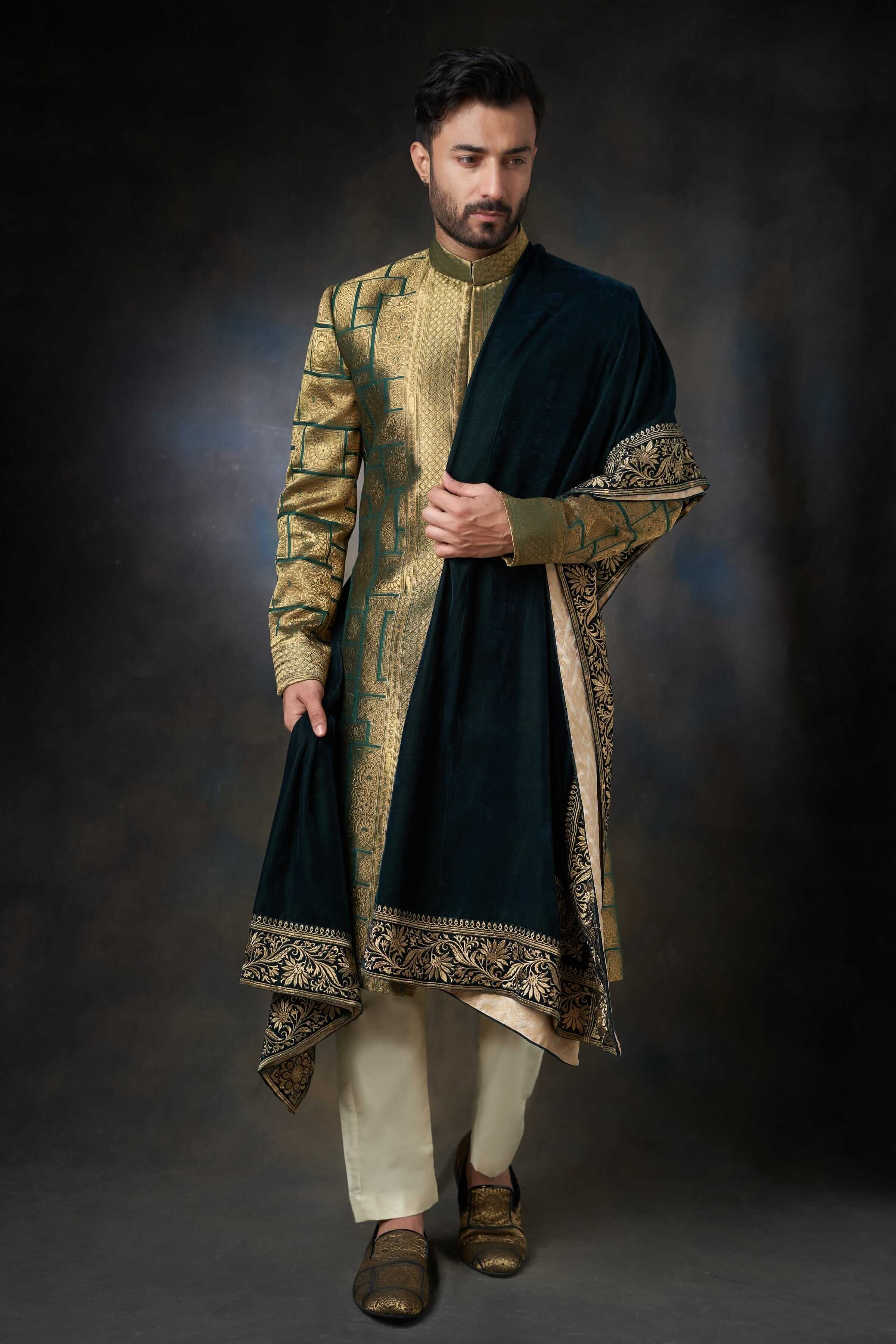 Emerald Green Sherwani with Velvet Shawl Silk and Zari Handcrafted