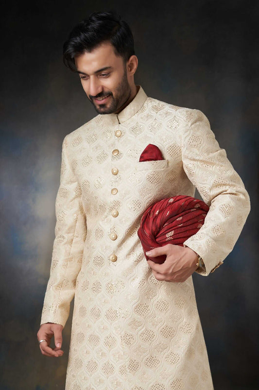 Fawn & Gold Rawsilk Sherwani with Sequins, Elegant Wedding Attire.