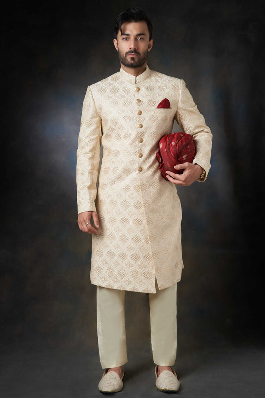 Fawn & Gold Rawsilk Sherwani with Sequins, Elegant Wedding Attire.