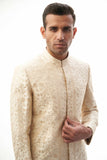 Fawn Persian Painting-Inspired Sherwani – Exquisite fawn-colored sherwani with intricate Persian painting-inspired embroidery for a royal look.