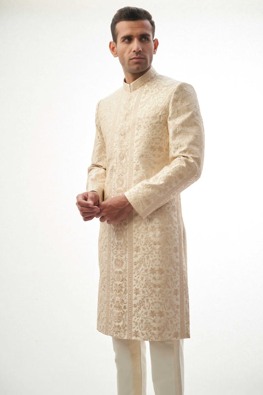 Fawn Persian Painting-Inspired Sherwani – Exquisite fawn-colored sherwani with intricate Persian painting-inspired embroidery for a royal look.