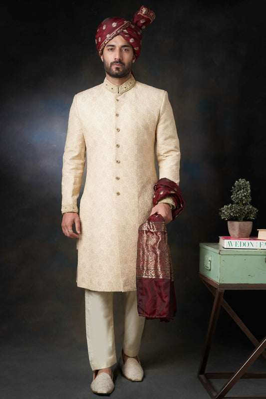 Gold Paisleys Rawsilk Sherwani with Velvet Shawl & Zardozi Adornments, Regal Wedding Attire.