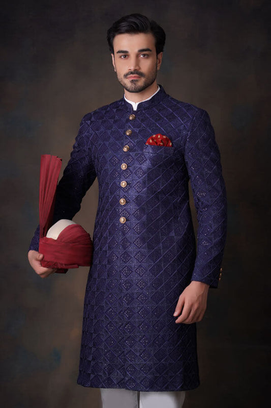 Jashan - Midnight Blue Sherwani Set Fully Embroidered for Regal Occasions