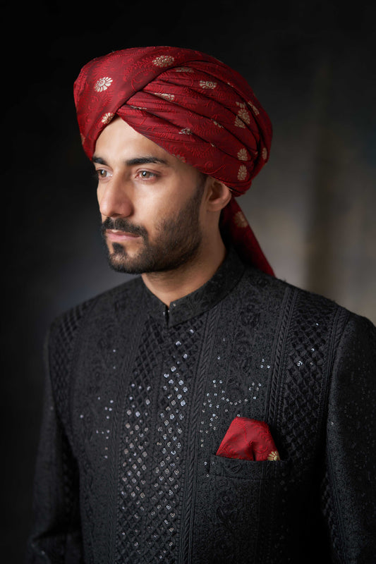 Jet Black All-Sequins Rawsilk Sherwani, Perfect for Luxurious Wedding and Festive Occasions.