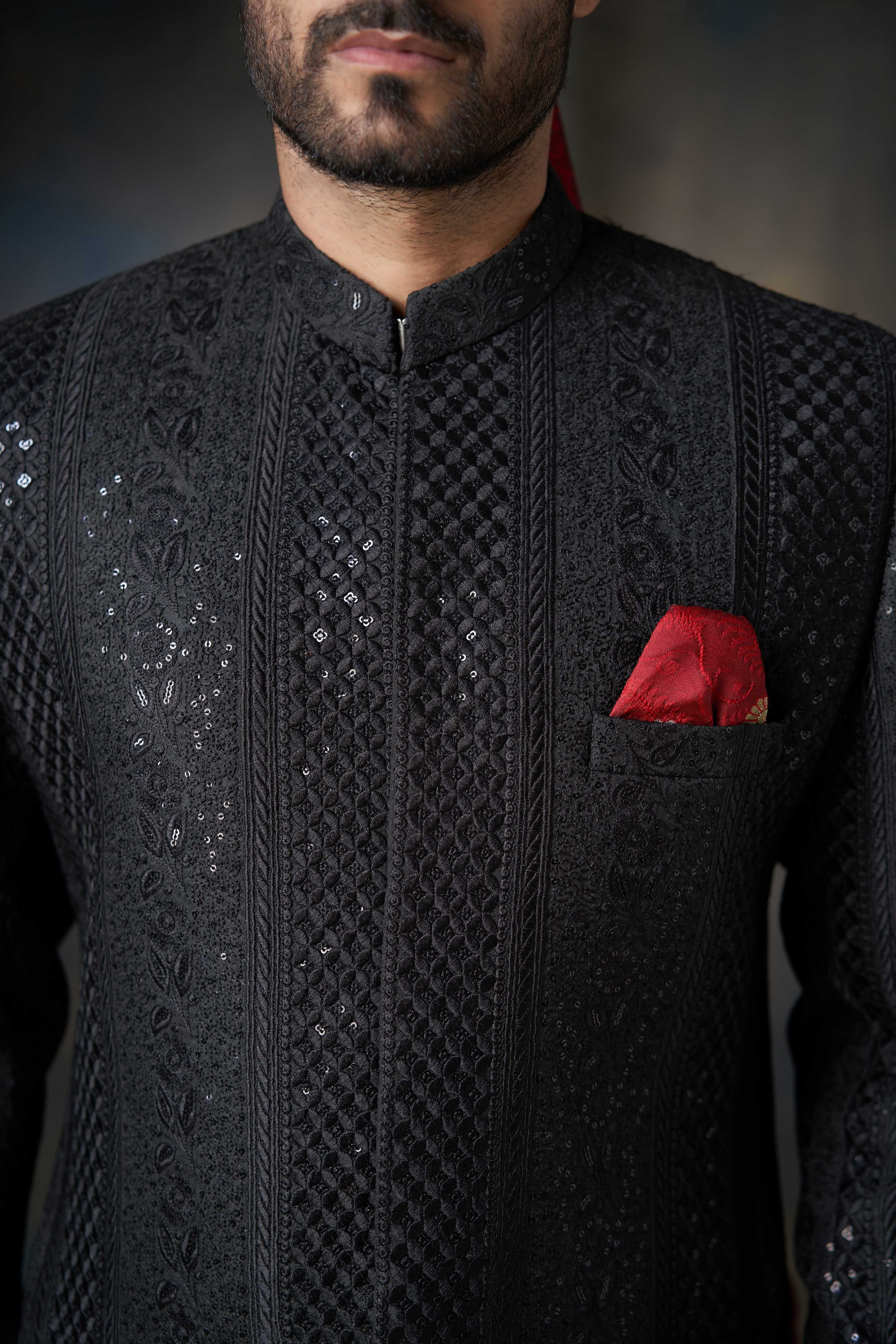 Jet Black All-Sequins Rawsilk Sherwani, Perfect for Luxurious Wedding and Festive Occasions.