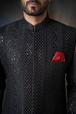 Jet Black All-Sequins Rawsilk Sherwani, Perfect for Luxurious Wedding and Festive Occasions.