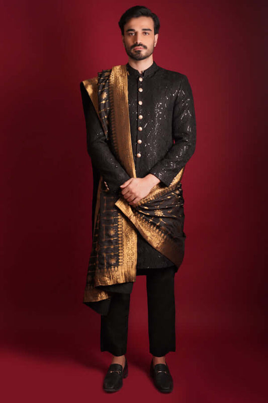Jet Black Cordoba Artwork Sherwani – Regal Sherwani Featuring Intricate Cordoba-Inspired Embroidery