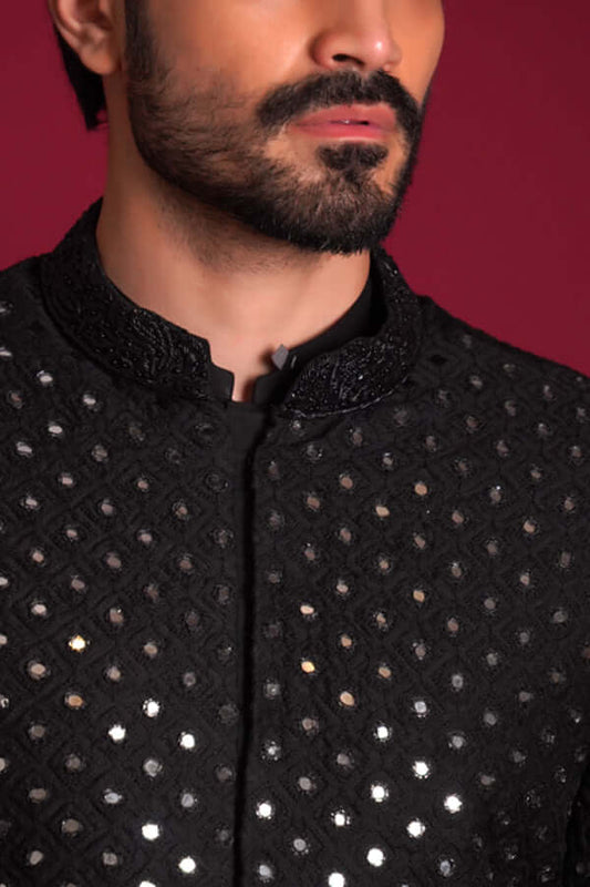 Jet Black Mirror Worked Sherwani – Elegant Traditional Attire with Intricate Mirror Embellishments