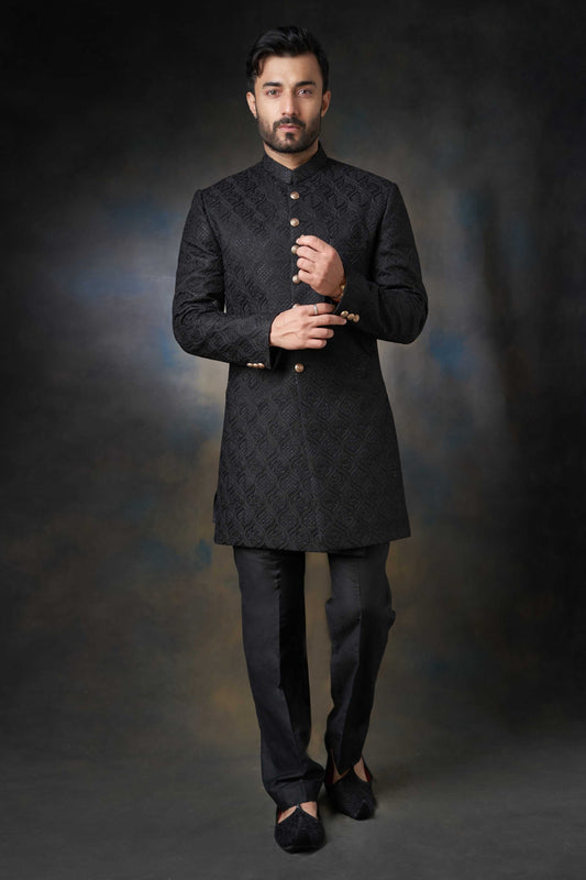 Jet Black Persian Gardens Short Length Sherwani, Regal Wedding Wear.