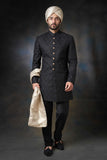 Jet Black Persian Gardens Short Length Sherwani, Regal Wedding Wear.