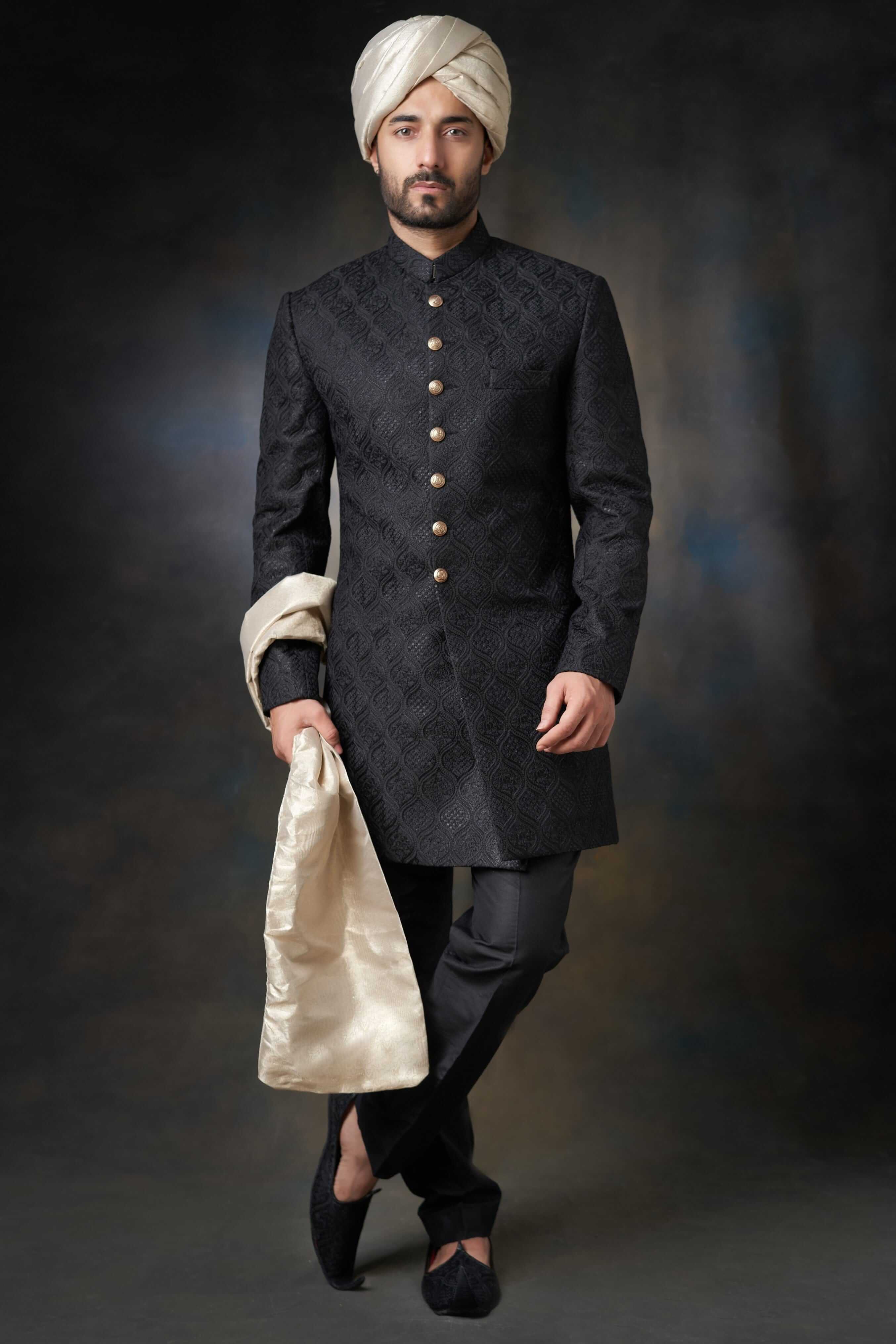 Jet Black Persian Gardens Short Length Sherwani - Main Image